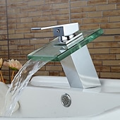 お買い得  クラシカル-現代のクロム ガラスの滝の浴室の洗面器の単一のハンドル 1 つの穴の浴室の蛇口、温水と冷水スイッチ付き