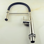 abordables Mitigeurs avec spray-Robinet de cuisine à une poignée, un trou en nickel brossé rétractable/rétractable récipient rotatif en acier inoxydable robinets de cuisine contemporains avec eau froide et chaude