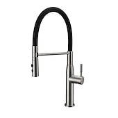 abordables Mitigeurs avec spray-Robinet de cuisine à une poignée, un trou en nickel brossé rétractable/rétractable récipient rotatif en acier inoxydable robinets de cuisine contemporains avec eau froide et chaude