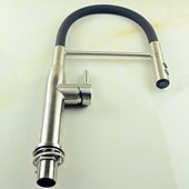 abordables Mitigeurs avec spray-Robinet de cuisine à une poignée, un trou en nickel brossé rétractable/rétractable récipient rotatif en acier inoxydable robinets de cuisine contemporains avec eau froide et chaude