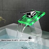 Χαμηλού Κόστους Classical-βρύση νεροχύτη μπάνιου led, ορειχάλκινος καταρράκτης 3 χρωμάτων ελεγχόμενης θερμοκρασίας γυάλινο στόμιο σύγχρονου στυλ φινίρισμα χρωμίου μονή λαβή μία τρύπα με διακόπτη ζεστού και κρύου