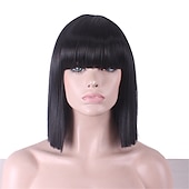 abordables Perruques Synthétiques Sans Bonnet-perruques noires pour femmes perruque synthétique droite droite yaki bob perruque bang soignée cheveux synthétiques noirs naturels courts 12 pouces avec frange perruques noires de fête de Noël