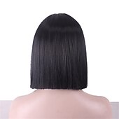 abordables Perruques Synthétiques Sans Bonnet-perruques noires pour femmes perruque synthétique droite droite yaki bob perruque bang soignée cheveux synthétiques noirs naturels courts 12 pouces avec frange perruques noires de fête de Noël