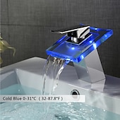Χαμηλού Κόστους Classical-βρύση νεροχύτη μπάνιου led, ορειχάλκινος καταρράκτης 3 χρωμάτων ελεγχόμενης θερμοκρασίας γυάλινο στόμιο σύγχρονου στυλ φινίρισμα χρωμίου μονή λαβή μία τρύπα με διακόπτη ζεστού και κρύου