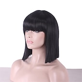abordables Perruques Synthétiques Sans Bonnet-perruques noires pour femmes perruque synthétique droite droite yaki bob perruque bang soignée cheveux synthétiques noirs naturels courts 12 pouces avec frange perruques noires de fête de Noël