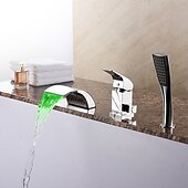 Недорогие Смесители для ванны-смеситель для ванны с водопадом, светодиодный 3-цветный поток воды с ручным душем, широко распространенная ванна, смеситель для наполнения римской ванны, смеситель для ванной комнаты с 3 отверстиями, установленный на палубе
