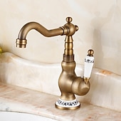 cheap Classical-Bathroom Sink Faucet,Antique Brass Retro Style Single Handle One Hole Standard Spout Rotatable Faucet Set with Ceramic Handle and Hot/Cold Water