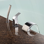 voordelige Romeinse badkuip-waterval bad kraan badrandcombinaties, badvuller mengkraan set handheld 3 gat 2 uitloop met handsproeier, messing douche keramische klep kit badkamer