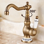 cheap Classical-Bathroom Sink Faucet,Antique Brass Retro Style Single Handle One Hole Standard Spout Rotatable Faucet Set with Ceramic Handle and Hot/Cold Water
