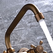 cheap Wall Mount-Wall Mount Bathroom Sink Mixer Faucet, Widespread Brass 3 Holes 2 Handles Vintage Basin Taps Washroom with Hot and Cold Water Hose