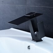 cheap LED Faucets-Bathroom Faucet LED Waterfall Spout 3 Color Changes with Temperature, Sink Mixer Mono Basin Taps, Single Handle One Hole Brass Washroom Vessel Tap Deck Mounted