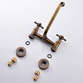 cheap Wall Mount-Wall Mount Bathroom Sink Mixer Faucet, Widespread Brass 3 Holes 2 Handles Vintage Basin Taps Washroom with Hot and Cold Water Hose