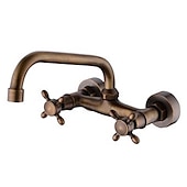 cheap Wall Mount-Wall Mount Bathroom Sink Mixer Faucet, Widespread Brass 3 Holes 2 Handles Vintage Basin Taps Washroom with Hot and Cold Water Hose