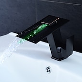 cheap LED Faucets-Bathroom Faucet LED Waterfall Spout 3 Color Changes with Temperature, Sink Mixer Mono Basin Taps, Single Handle One Hole Brass Washroom Vessel Tap Deck Mounted