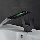 cheap LED Faucets-Bathroom Faucet LED Waterfall Spout 3 Color Changes with Temperature, Sink Mixer Mono Basin Taps, Single Handle One Hole Brass Washroom Vessel Tap Deck Mounted