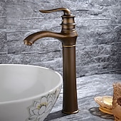 cheap Classical-Brass Bathroom Sink Faucet,Waterfall Antique Brass Widespread Water Flow Single Handle One Hole Bath Taps with Hot and Cold Switch