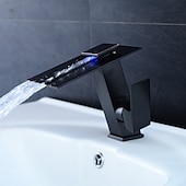 cheap LED Faucets-Bathroom Faucet LED Waterfall Spout 3 Color Changes with Temperature, Sink Mixer Mono Basin Taps, Single Handle One Hole Brass Washroom Vessel Tap Deck Mounted