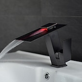 cheap LED Faucets-Bathroom Faucet LED Waterfall Spout 3 Color Changes with Temperature, Sink Mixer Mono Basin Taps, Single Handle One Hole Brass Washroom Vessel Tap Deck Mounted