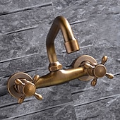 cheap Wall Mount-Wall Mount Bathroom Sink Mixer Faucet, Widespread Brass 3 Holes 2 Handles Vintage Basin Taps Washroom with Hot and Cold Water Hose