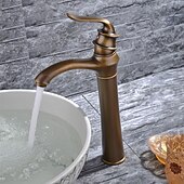 cheap Classical-Brass Bathroom Sink Faucet,Waterfall Antique Brass Widespread Water Flow Single Handle One Hole Bath Taps with Hot and Cold Switch
