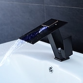 cheap LED Faucets-Bathroom Faucet LED Waterfall Spout 3 Color Changes with Temperature, Sink Mixer Mono Basin Taps, Single Handle One Hole Brass Washroom Vessel Tap Deck Mounted