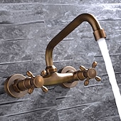 cheap Wall Mount-Wall Mount Bathroom Sink Mixer Faucet, Widespread Brass 3 Holes 2 Handles Vintage Basin Taps Washroom with Hot and Cold Water Hose