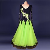 abordables Ropa de baile de salón-Baile de Salón Vestido Encaje Recogido Apliques Rendimiento Manga Larga Cintura Alta Licra Organdí