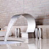 cheap Multi Holes-Bathroom Sink Faucet,Silvery Two Handles Three Holes Deluxe Waterfall Brush Nickel Polished Widespread Brass Bathroom Sink Faucet With Cold and Hot Switch