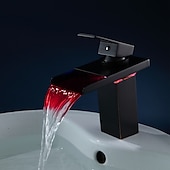cheap Classical-Bathroom Sink Faucet with Supply Hose,LED Waterfall Spout Single Handle Single Hole Vessel Lavatory Faucet,Slanted Body Basin Mixer Tap