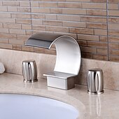 cheap Multi Holes-Bathroom Sink Faucet,Silvery Two Handles Three Holes Deluxe Waterfall Brush Nickel Polished Widespread Brass Bathroom Sink Faucet With Cold and Hot Switch