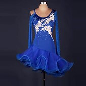 お買い得  ラテンダンスウェア-ダンス サルサ ラテン ダンス ドレス フリル フラワー スプライシング 女性用 パフォーマンス 長袖 ハイ スパンデックス オーガンザ