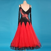 abordables Ropa de baile de salón-Baile de Salón Vestido Encaje Recogido Apliques Rendimiento Manga Larga Cintura Alta Licra Organdí