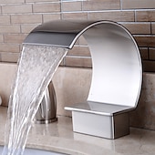 cheap Multi Holes-Bathroom Sink Faucet,Silvery Two Handles Three Holes Deluxe Waterfall Brush Nickel Polished Widespread Brass Bathroom Sink Faucet With Cold and Hot Switch