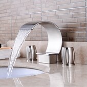 cheap Multi Holes-Bathroom Sink Faucet,Silvery Two Handles Three Holes Deluxe Waterfall Brush Nickel Polished Widespread Brass Bathroom Sink Faucet With Cold and Hot Switch