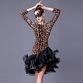 abordables Ropa de baile latino-Baile Latino Vestido Volantes Corte Mujer Rendimiento Manga 3/4 Cintura Alta Cristal algodón Organdí