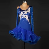 お買い得  ラテンダンスウェア-ダンス サルサ ラテン ダンス ドレス フリル フラワー スプライシング 女性用 パフォーマンス 長袖 ハイ スパンデックス オーガンザ