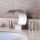 cheap Multi Holes-Bathroom Sink Faucet,Silvery Two Handles Three Holes Deluxe Waterfall Brush Nickel Polished Widespread Brass Bathroom Sink Faucet With Cold and Hot Switch