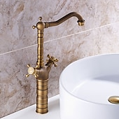 baratos Clássico-torneira de cobre antiga com dreno, pré-enxágue conjunto central giratório generalizado duas alças torneiras de banho de um furo com interruptor quente e frio
