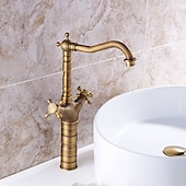 baratos Clássico-torneira de cobre antiga com dreno, pré-enxágue conjunto central giratório generalizado duas alças torneiras de banho de um furo com interruptor quente e frio