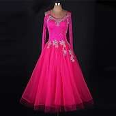 cheap Ballroom Dancewear-Ballroom Dance Dress Appliques Crystals / Rhinestones Women&#039;s Performance Long Sleeve Chinlon Organza