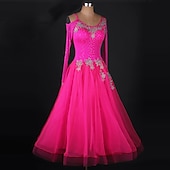 cheap Ballroom Dancewear-Ballroom Dance Dress Appliques Crystals / Rhinestones Women&#039;s Performance Long Sleeve Chinlon Organza