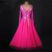 cheap Ballroom Dancewear-Ballroom Dance Dress Appliques Crystals / Rhinestones Women&#039;s Performance Long Sleeve Chinlon Organza