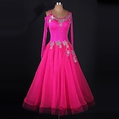 cheap Ballroom Dancewear-Ballroom Dance Dress Appliques Crystals / Rhinestones Women&#039;s Performance Long Sleeve Chinlon Organza