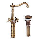 baratos Clássico-torneira de cobre antiga com dreno, pré-enxágue conjunto central giratório generalizado duas alças torneiras de banho de um furo com interruptor quente e frio