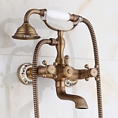 abordables Grifería para bañera-mezclador de agua fría/caliente con patas de garra acabado en cobre antiguo montado en la pared con grifo de ducha de mano 2 manijas cruzadas con caño de bañera estilo vintage