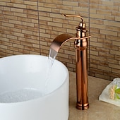 abordables Classiques-robinet de lavabo de salle de bain en laiton, robinets de bain à une poignée en or rose cascade avec eau chaude et froide