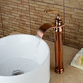 abordables Classiques-robinet de lavabo de salle de bain en laiton, robinets de bain à une poignée en or rose cascade avec eau chaude et froide
