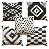 cheap Geometric Style-Set of 5 Solid Colored Floral Plaid  Natural / Organic Pillow Cover , Casual Retro Traditional / Classic Throw Pillow Outdoor Cushion for Sofa Couch Bed Chair 45*45CM Black White
