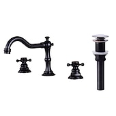 economico Multiforo-rubinetto del lavandino del bagno diffuso, due maniglie tre fori, rubinetto del lavandino del bagno con sfera in ottone contiene linee di alimentazione e tappo di scarico e interruttore caldo / freddo