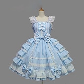 cheap Lolita Dresses-Sweet Lolita Plus Size Vacation Dress Dress JSK / Jumper Skirt Women&#039;s Girls&#039; Cotton Japanese Cosplay Costumes Purple / Yellow / Blue Solid Colored Bowknot Cap Sleeve Short Sleeve Short / Mini